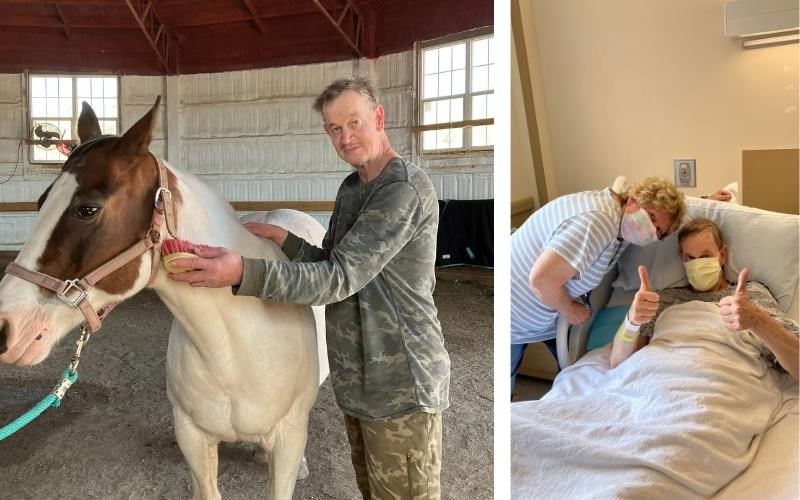 Mike Kelly brushes a horse at the Central Pa. Horse Rescue in Lewisberry (left). Mellissa Thomas, a WellSpan Philhaven therapist, arranged the visit before Mike had a medical procedure and visited with him (right) after he had it done.