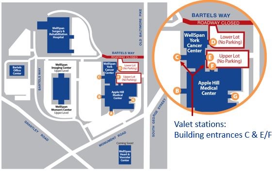 Diagram of the Apple Hill Health campus in York Township and impacted road closure beginning Monday, Nov. 18. Complimentary patient valet service is provided adjacent to building entrances C, E & F, Monday through Friday from 7 a.m. to 6 p.m.