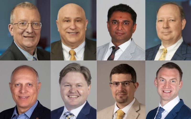 The WellSpan neurosurgeons performing minimally invasive spinal surgery include (top row, from left): Drs. Brian Holmes, Charles Winters, Sandip Savaliya, and Neil O'Malley; and (bottom row, from left) Drs. Ben Roitberg, Michael Casey, Matthew Maserati, and Joseph Molenda.