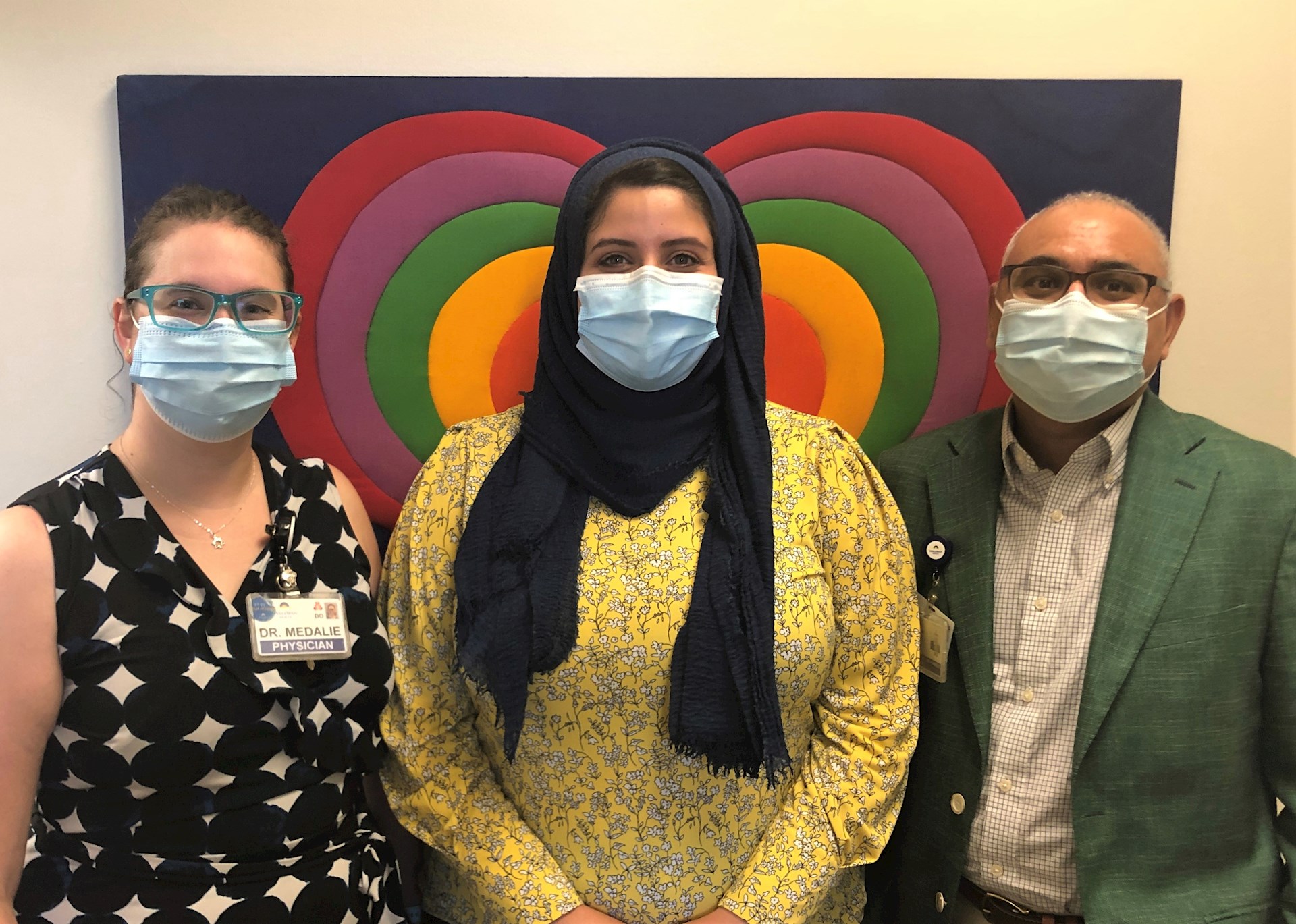 Dr. Laila Younes (center) ended up in the hospital during her WellSpan job interview. She was aided by faculty member Dr. Susan Medalie (left) and hired by Dr. Abdul Waheed.
