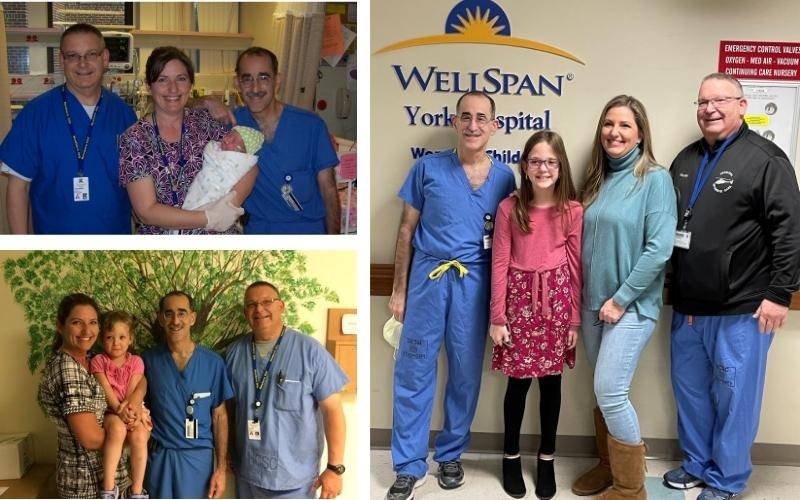 Katie Welper with (from left, in right photo) Dr. Michael Goodstein, neonatologist; Julie Kane, nurse; and Tom Kemp, respiratory therapist, on her 10th birthday. Photos at left show Katie as an infant and as a 3-year-old.