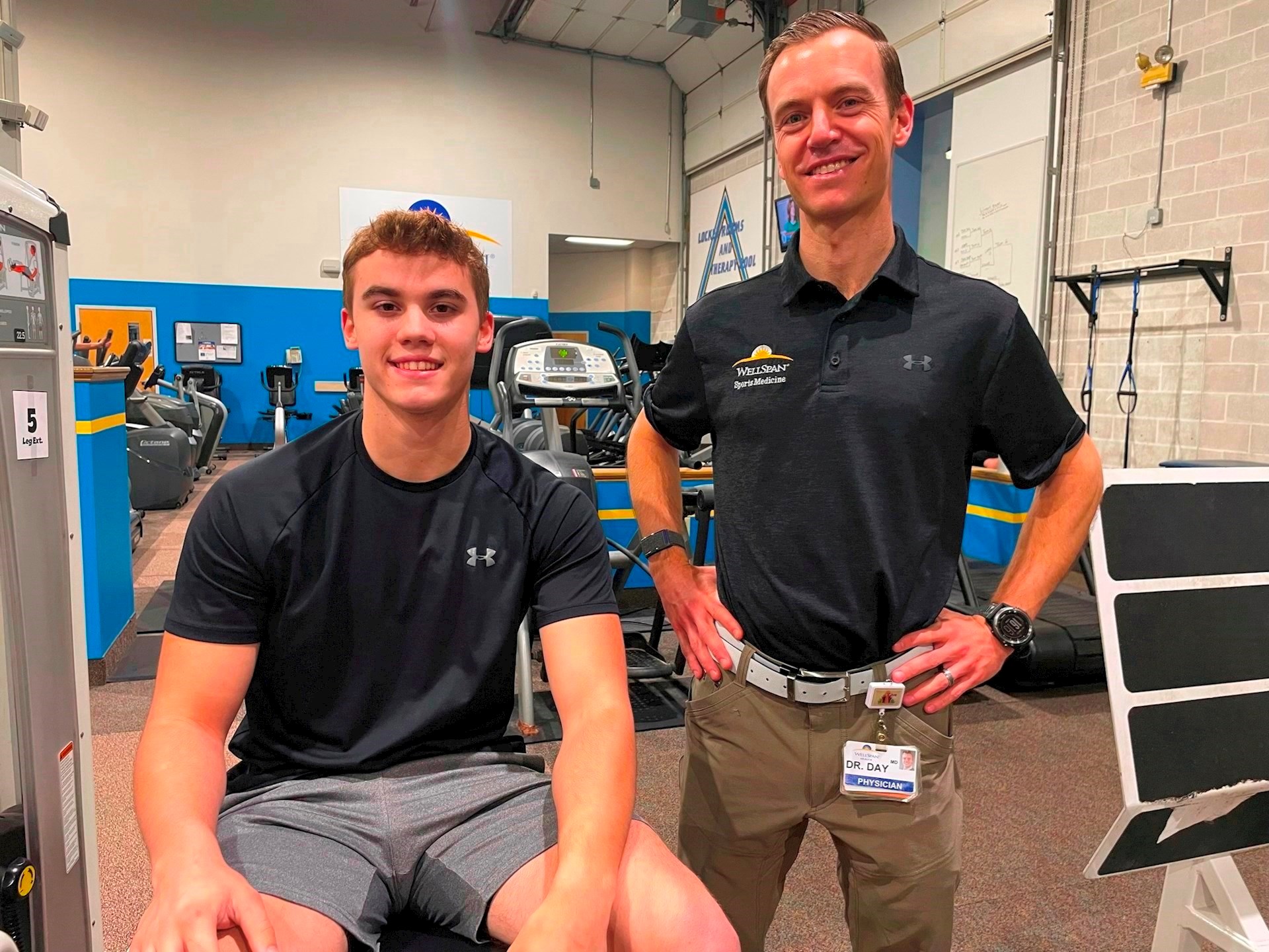 Brandon Vaughn and Dr. Michael Day, the WellSpan orthopedic surgeon who repaired Brandon's torn ligament without prescribing him opioids. The teen used other pain relief methods after surgery.