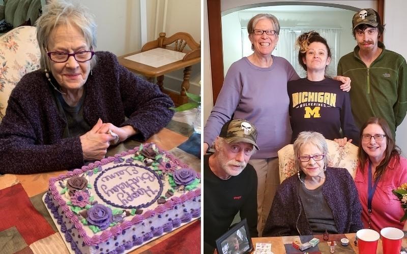 Elaine Bashore shows off her purple birthday cake (left) and smiles with her family and WellSpan Philhaven team member Brenda Startoni (bottom right, in pink) and Susan Blouch (top left, in purple), who threw her a birthday party.