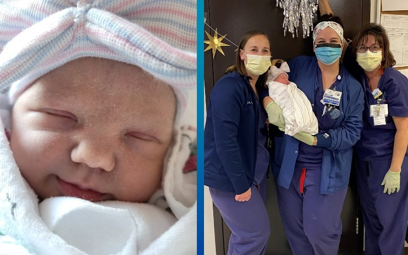 Abilene Swartz (left) was the first New Year's baby of 2023 at WellSpan hospitals, arriving at 12:20 a.m. at WellSpan Ephrata Community Hospital. Kinsley Myers (held by nurses) arrived at 1:34 a.m. at WellSpan York Hospital.