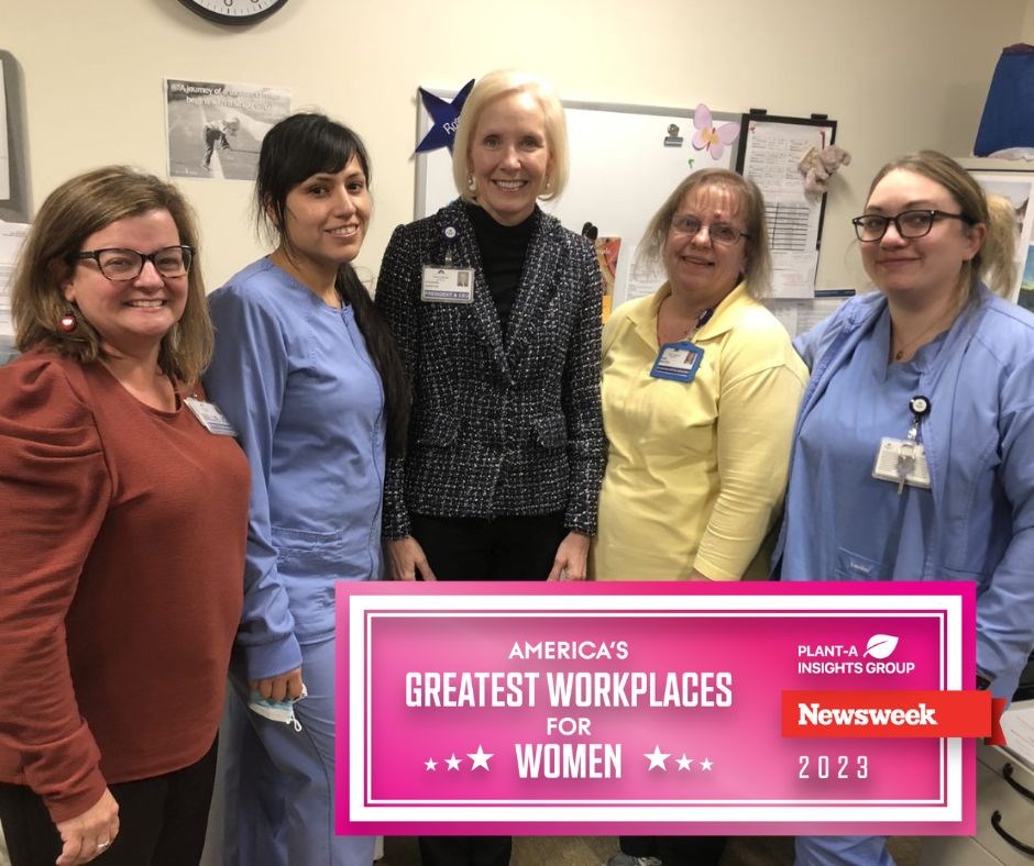 Pictured left to right with Roxanna Gapstur, Ph.D., R.N., president and CEO (center) are Billie-Jo Seward, practice manager, Maritza Romero Lopez, medical assistant, Rose Walters, physician office assistant, and Kelsey Kreiser, physician office technician, WellSpan Digestive Health.