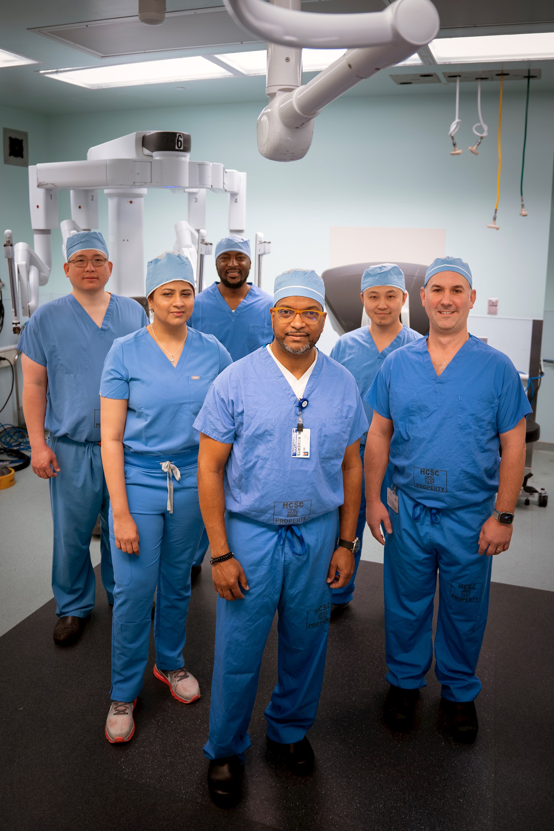 The six WellSpan surgeons who received the robotic Master Surgeon designation are (from left to right) Dr. Ricardo Patton U Po, Dr. Faiz Shariff, Dr. Benjamin Vabi, Dr. Carlos Roberts, Dr. Eav Lim, and Dr. Scott Tiedebohl.
