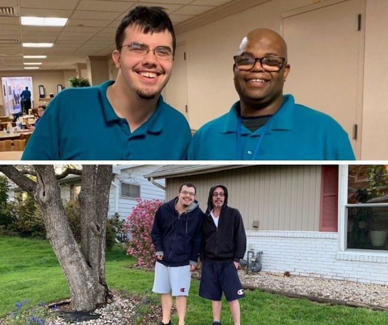 Alan Leash (top, left), a Project SEARCH student intern with his job mentor, Delane Smith; and today, with dad, Scott Leash, next to their newly purchased home.
