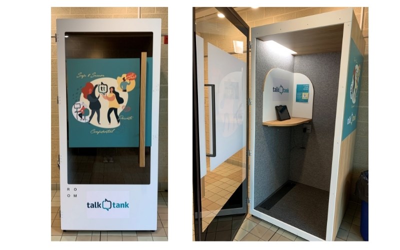 Here is the outside (left) and inside of the Talk Tank, in the lobby of the Ephrata Public Library in Lancaster County.