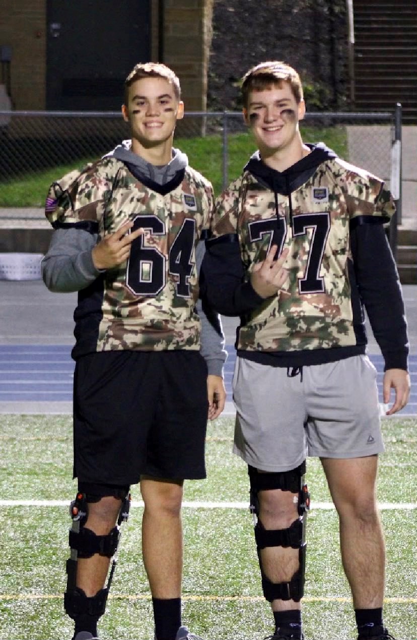 Chambersburg High School football teammates Brandon Vaughn (left) and Carter Flory both had ligament repair surgery on the same day.